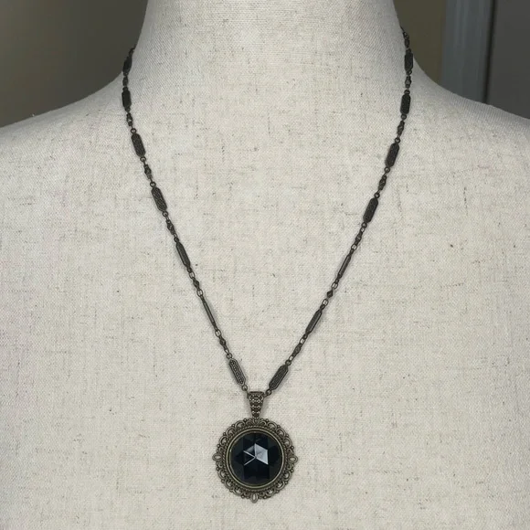 Antique Brass Necklace with Black Stone. design by Grace. - Picture 1 of 5